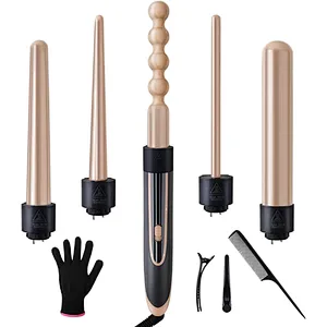 Homfu Curling Wand 5 in 1 Hair Curlers Iron Set Beach Waver Curling Iron with 5 Interchangeable Ceramic Tourmaline Barrel for Long Short Hair Styles Curling Iron Fast Heating Hair Cripmer for Women